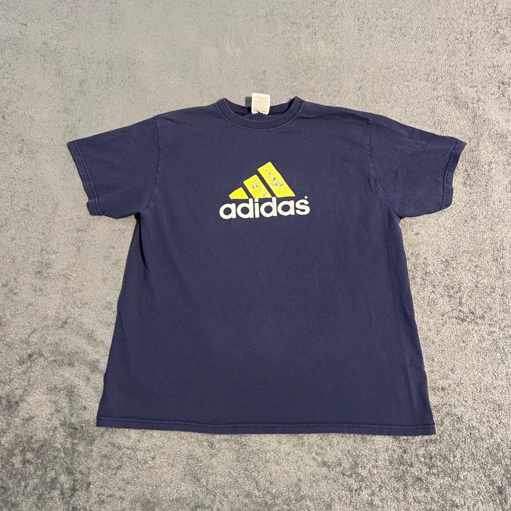 Vintage 90s Adidas Shirt Mens XL Navy Blue Yellow Graphic Logo Made in USA